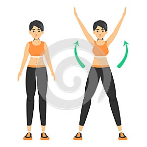 Woman doing a jumping jack exercise. Warm-up photo