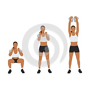 Woman doing kettlebell thruster or squat to clean to overhead press exercise