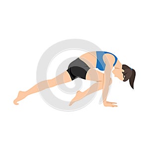 Woman doing knee to nose dog pose Kanu naasikaa ado much svanasana exercise