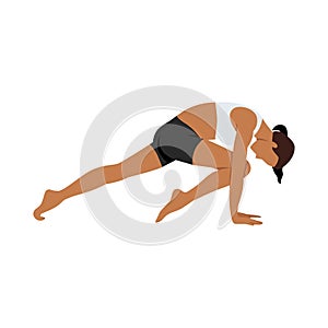 Woman doing knee to nose dog pose Kanu naasikaa ado much svanasana exercise photo