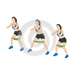 Woman doing lateral band walk exercise. Flat vector illustration