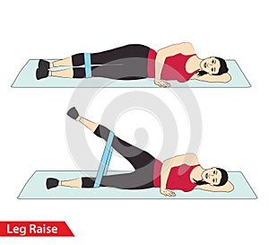 Woman doing Leg Raise workout with resistance band crunch for exercise guide.