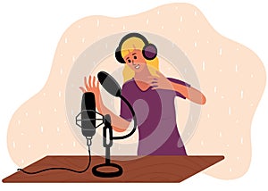 Woman is doing live podcast. Female podcaster talking to microphone recording voice in studio. Vector illustration in flat style