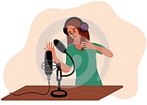 Woman is doing live podcast. Female podcaster talking to microphone recording voice in studio. Vector illustration in flat style