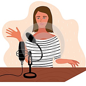 Woman is doing live podcast. Female podcaster talking to microphone recording voice in studio. Vector illustration in flat style