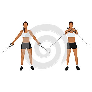 Woman doing low upward cable pulley crossover chest flyes