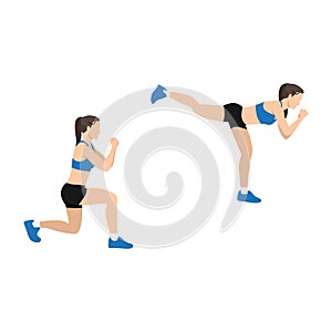 Woman doing Lunge back kick exercise. Flat vector