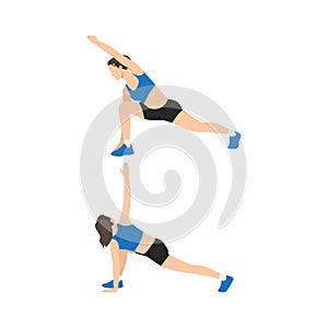 Woman doing Lunge with reach and twist stretch exercise.