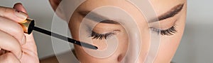 Woman Doing Makeup, Applying Black Mascara, Closeup