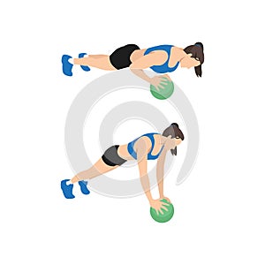 Woman doing Medicine ball push ups exercise. Flat vector