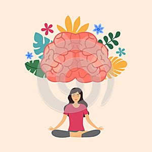 Woman doing meditation with powerful brain. Mind power. Brain meditate. Mindfulness.