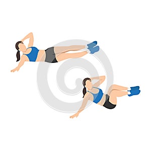Woman doing Oblique crunch exercise. Flat vector