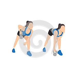 Woman doing one arm kettlebell rows exercise. Flat vector