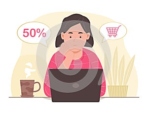 Woman Doing Online Shopping on Laptop for E-Commerce Concept Illustration