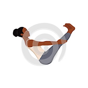 Woman doing Paripurna Navasana or Boat pose. Female cartoon character practicing Hatha yoga.gymnastics training