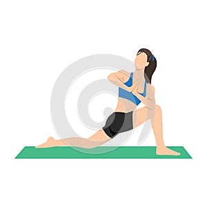 Woman doing Parivrtta Anjaneyasana. Revolved lunge pose.