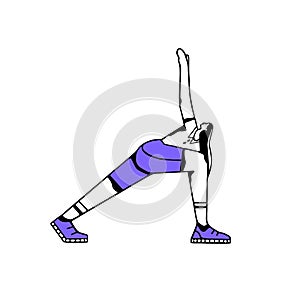 Woman doing physical lunge exercise, stretching and bending her body with arm up. Person at fitness workout. Female