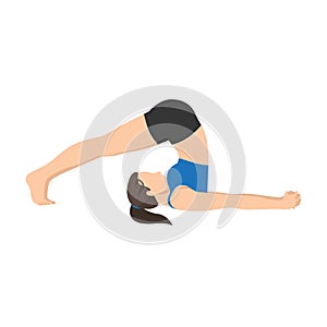 Woman doing plow pose halasana exercise. Flat vector