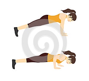 Woman doing push up workout two step for exercise guide.