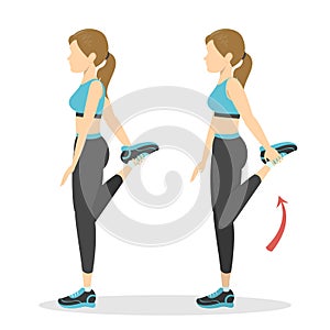 Woman doing quadriceps stretch, cool down exercise.