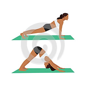 Woman doing Renegade row with downward dog tap.