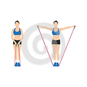 Woman doing Resistance band lateral raises. side raises exercise.