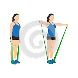 Woman doing Resistance band lateral raises. side raises exercise.