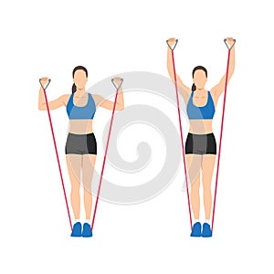 Woman doing Resistance band standing shoulder press. overhead press exercise