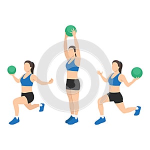 Woman doing Reverse lunge medicine ball overhead press exercise