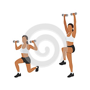 Woman doing Reverse lunge shoulder press exercise.