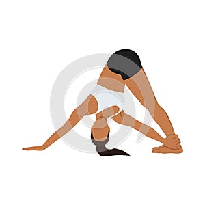 Woman doing revolved downward facing dog pose parivrtta ado mukha svanasana