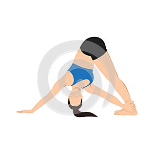 Woman doing revolved downward facing dog pose parivrtta ado mukha svanasana photo