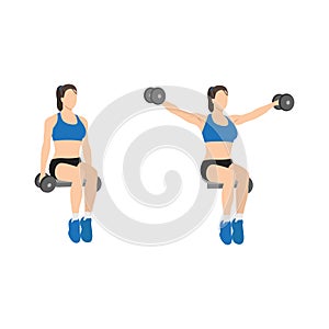 Woman doing Seated lateral. Side shoulder dumbbell raises