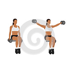 Woman doing Seated lateral. Side shoulder dumbbell raises