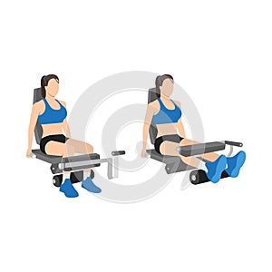 Woman doing Seated leg curls exercise. Flat vector