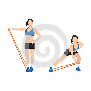 Woman doing Side lunge band lateral raise exercise.