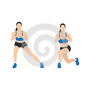 Woman doing Side lunge to curtsy lunge exercise.