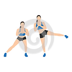 Woman doing Side lunge to leg lifts exercise.