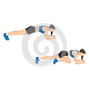 Woman doing Spiderman plank exercise. Flat vector