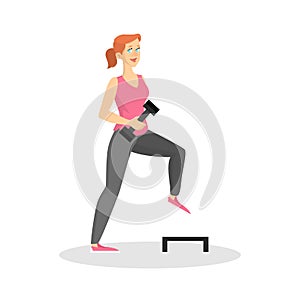 Woman doing sport exercise using dumbbell and step