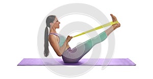 Woman doing sportive exercise with fitness elastic band on white background