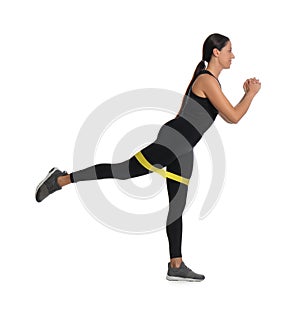 Woman doing sportive exercise with fitness elastic band on white background