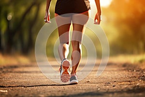 Woman doing sports, morning jogging, jogging. Female legs in sports running shoes, rear view. Concept: sports running, marathon,