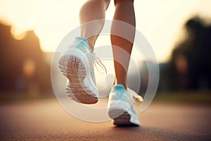 Woman doing sports, morning jogging, jogging. Female legs in sports running shoes, rear view. Concept: sports running, marathon,