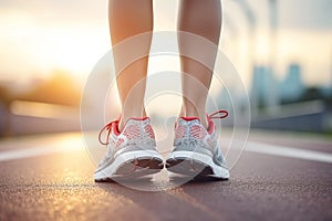 Woman doing sports, morning jogging, jogging. Female legs in sports running shoes, rear view. Concept: sports running, marathon,