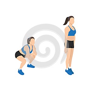 Woman doing Squat jacks exercise. Flat vector