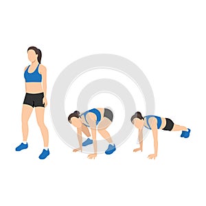 Woman doing Squat thrust exercise. Flat vector