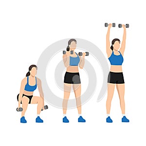 Woman doing Squat to curl to press exercise.