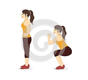 Woman doing squat workout two step for exercise guide. photo