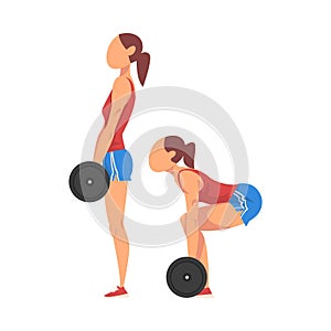 Woman Doing Squats with Barbell in Two Steps, Girl Doing Sports Firming her Body, Buttock Workout Vector Illustration